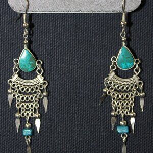 Gypsy Boho Turquoise Dangle Handmade Vintage Silver Tone Earrings